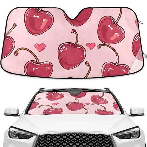 Cherries Hearts Pink Windshield Sunshade Car Sun Shade Blocks UV Rays Visor Protector Accordion Folding Sun Reflector Auto Sunshade for Truck SUV - color: C008