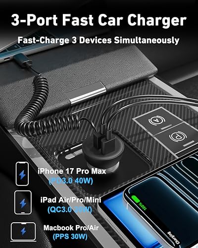iPhone 17e 17 16 15 Pro Max Car Charger Fast Charging, 3-Port 90W Fast USB C Car Charger Adapter Cigarette Lighter with 4FT Coiled USB C Cable for iPhone 17e/17/17 Pro Max/Air/16/15 Pro/Plus, iPad