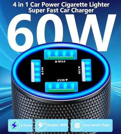 USB Fast Car Charger, Stuffcool 60W 2USB-A + 2QC3.0 Car Power Adapter 4-Port Car Charge Cigarette Lighter USB Charger Car Carplay Charger for iPhone 17 17 Pro 16 15 14 13 12/Galaxy S26 S25/Pixel/iPad - color: Matte Black