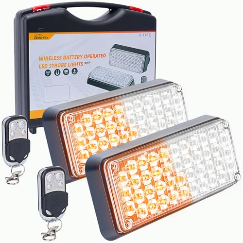BooYu Amber/White Magnetic Flashing Strobe Light/w Controller, Battery Operated Rechargeable LED Safety Beacon Lights, Portable Emergency Warning Light Bar for Vehicles, Trucks, Car 2-Pcs - color: 2pcs Amber/White