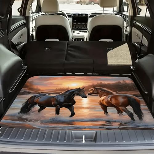Universal Car Trunk Mat 29" x 39", Sunset and Horses All Weather Trunk Protection Cargo Liner, Durable Cargo Mat Rear Trunk Liner, Stylish Vehicle Interior Accessories Suitable for Most Car Models - color: Sunset and Horses