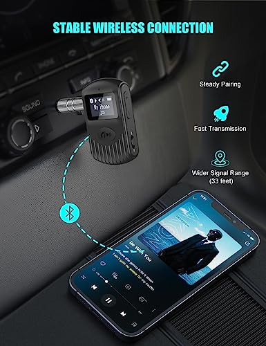 COMSOON Bluetooth Receiver with LCD Screen, Portable 3.5mm AUX Bluetooth 5.0 Adapter for Car/Home Stereo/Speaker/Wired Headphones, Noise Cancelling/Hands-Free Calling/Music Streaming-Black