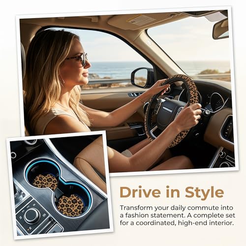 Leopard Print Steering Wheel Cover for Women, Universal Fit 14-15 Inch, Breathable Anti-Slip Car Wheel Protector with 2 Coasters, Cheetah Animal Print Design - color: Brown Leopard