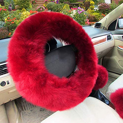 1 Set 3 Pcs Car Steering Wheel Cover & Handbrake Cover & Gear Shift Cover Set Faux Wool Warm Winter (Wine Red-3pcs) - color: Wine Red-3pcs