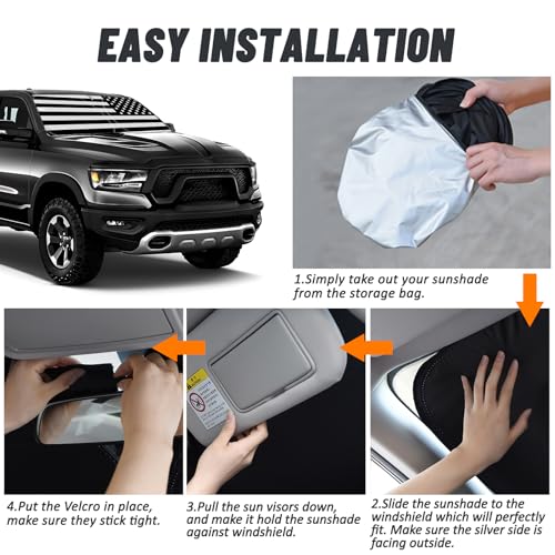 D-Lumina Windshield Sun Shade for 2010-2025 Dodge Ram 2500 3500 Accessories, Front Window Sunshade American Flag Sun Visor Protector Sun Shield Block UV Rays Heat, Foldable 2 Layers 210T Material - size: Silver & Black-Fit 2010-2025 Dodge Ram 2500 3500