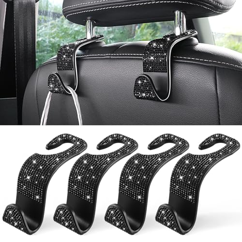 LivTee Car Seat Headrest Hook, Auto Seat Hook Hangers Storage Organizer Interior Accessories for Purse Coats Umbrellas Grocery Bags Handbag, 4-Pack(Bling Black) - color: Bling Black