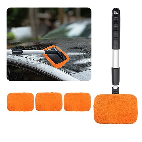 Ziciner Car Windshield Cleaner, Microfiber Auto Cleaning Wiper with Aluminum Extendable Handle and 2 Washable Reusable Cloth Pad Head, Vehicle Interior Exterior Cleaner Kit (Orange-Rectangle) - size: Orange-rectangle