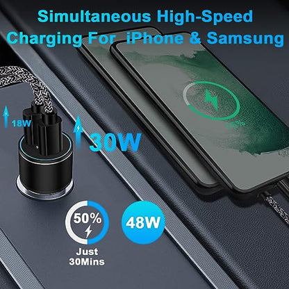 48W USB C Car Charger, All Metal 12V USB Outlet PD & QC 3.0 Fast Charge iPhone Car Charger Adapter Type C Flush Fit Car Plug for iPhone 17 16e 16 15 14 13 12 11 Pro Max SE XR,Samsung S26 S25 S24 A17
