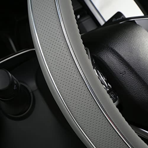 ALEMODR Gray Leather Steering Wheel Cover Silver Fiber Strip Car Steering Wheel Cover Universal 15 inch for Men - color: Gray