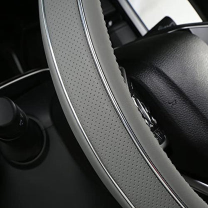ALEMODR Gray Leather Steering Wheel Cover Silver Fiber Strip Car Steering Wheel Cover Universal 15 inch for Men - color: Gray