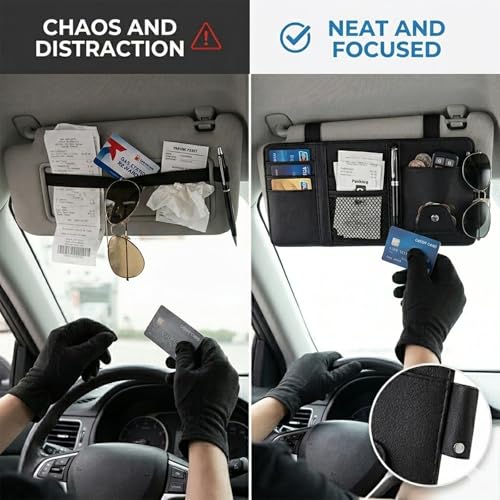 Car Sun Visor Multi-Pocket Organizer — Black (Universal Car/SUV/Truck Storage Pouch) - color: Black