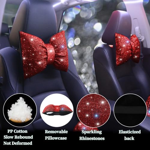 Women's Neck Pillow for Car Seat Bling Headrest Red Bling Accessories Auto Headrest Cushion Rhinestone Head and Neck Rest Cushion Crystal Diamon Red 2Pcs - color: Red