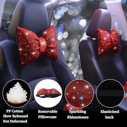 Women's Neck Pillow for Car Seat Bling Headrest Red Bling Accessories Auto Headrest Cushion Rhinestone Head and Neck Rest Cushion Crystal Diamon Red 2Pcs - color: Red