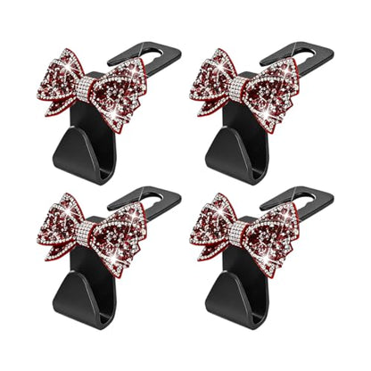 Zpana Bling Car Headreat Hook, 2PCS Crystal Rhinestone Cute Bow Vehicle Seat Back Hanger Storage for Purses Bags Grocery, Diamond Auto Rear Seat Organizer, Universal for SUV Truck Sedan (Red) - style: Red/4PCS
