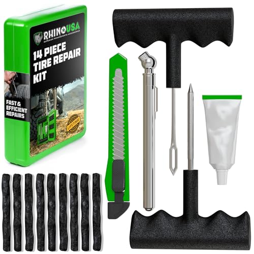 Rhino USA Compact Tire Repair Kit (14-Piece) – Heavy Duty Plug Set with Included Lubricant to Fix Punctures and Seal Flats – Tubeless Tool for Car, Motorcycle, ATV, UTV, RV & Trailer - size: 14 Piece Set
