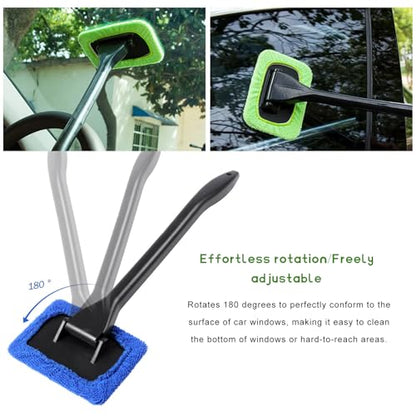 Car Windshield Cleaning Tool, Microfiber Windscreen Cleaner with 4 Washable Cloth Pads & Spray Bottle, Reusable Window Cleaning Kit with Detachable Handle for Auto Glass Wiper