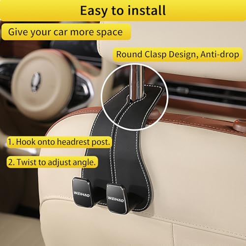 WEIHAO Wide Purse Hook for Car, Twin Hook Leather Car Headrest Hangers, Car Seat Back Storage Hook, Headrest Hooks Purse Bag Holder for Car Universal Fit Sedan Trucks SUVs Most Vehicles (Black-2PCS) - color: Black-2PCS