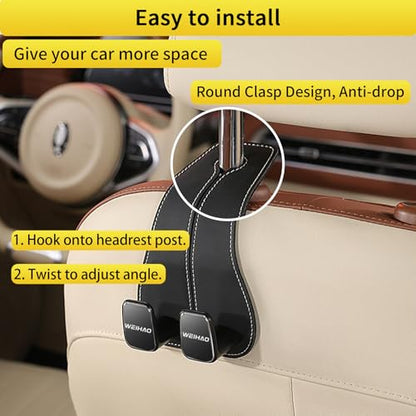 WEIHAO Wide Purse Hook for Car, Twin Hook Leather Car Headrest Hangers, Car Seat Back Storage Hook, Headrest Hooks Purse Bag Holder for Car Universal Fit Sedan Trucks SUVs Most Vehicles (Black-4PCS) - color: Black-4PCS