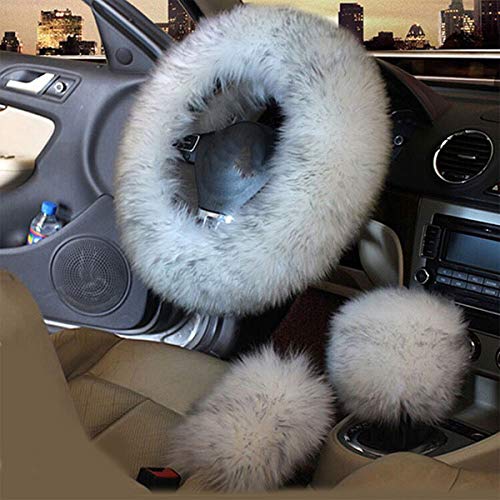 1 Set 3 Pcs Car Steering Wheel Cover & Handbrake Cover & Gear Shift Cover Set Faux Wool Warm Winter (Grey-3pcs) - color: Grey-3pcs