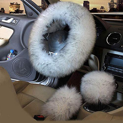 1 Set 3 Pcs Car Steering Wheel Cover & Handbrake Cover & Gear Shift Cover Set Faux Wool Warm Winter (Grey-3pcs) - color: Grey-3pcs