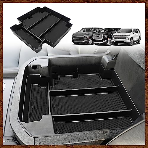 Muslogy for 2021-2024 2025 2026 Sliding Console Yukon Tahoe Suburban Center Organizer Armrest Storage Tray Compatible with GMC Yukon Chevy Tahoe Suburban Fit for Power Sliding Console (Black) - color: Black, size: Console Organizer for Sliding Console ONL