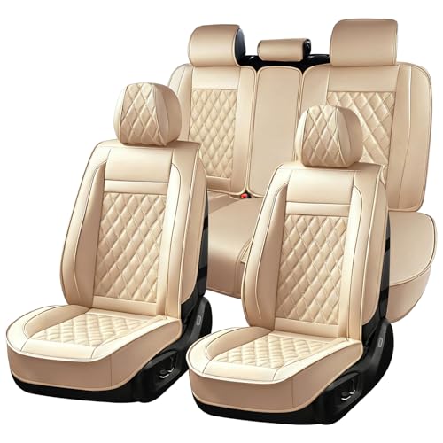 Huidasource Beige Seat Covers Full Set, Nappa Leather Seat Cover Hollow Design Airbag Pops, Front ＆ Back Seat, 5 Layers Seat Covers for Most Cars, Vans, Trucks, SUVs Universal Fit (Full Set/Beige) - color: 02FS# Beige, size: 5pcs Full Set
