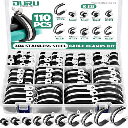 OURU 110PCS Cable Clamps Assortment Kit,10 Sizes—1/4" 5/16" 3/8" 1/2" 5/8" 3/4" 1" 1-1/4" 1-1/2" 1-3/4" Stainless Steel Rubber Coated Cushioned Insulated Cable Clamp,Automotive Wire Pipe Clamps - size: 110PCS KIT