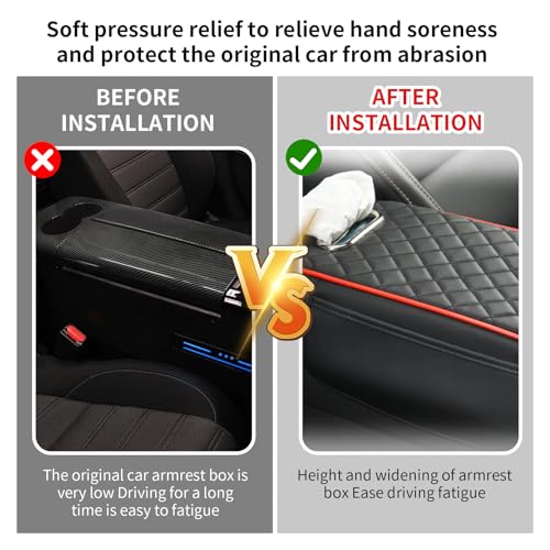 Car Center Console Cover, Leather Car Armrest Box Pad with Pocket and Tissue Box Arm Rest Cushion Universal Car Seat Box Cover Car Interior Accessories for SUV/Truck/Vehicle (Black+Red)
