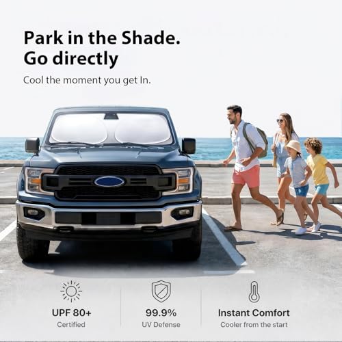 Upgraded Windshield Sun Shade for Ford F-150/Explorer, Trucks & SUVs [Nano Ice-Crystal Cooling, 99.9% Sun Protection] Foldable Sunshade with Storage Bag, Car Accessories, L(64 x 34 in) - size: L | 64"L x 34"W