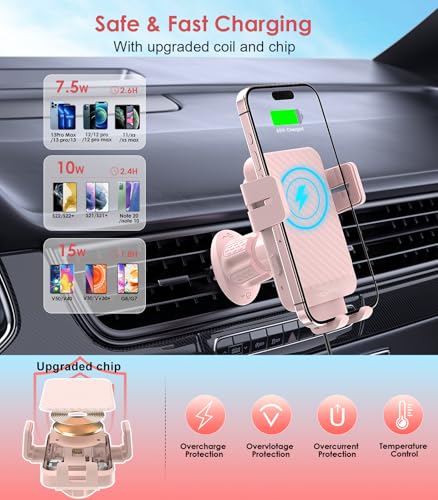 Wireless Car Charger, MOKPR 15W Fast Charging Auto-Clamping Car Charger Phone Mount Air Vent Cell Phone Holder Compatible iPhone 16/15/14/13/13 Pro/12 pro/12/11, for Samsung Galaxy S23/S22/S21, Pink - color: Pink