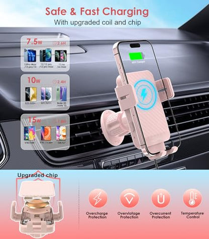 Wireless Car Charger, MOKPR 15W Fast Charging Auto-Clamping Car Charger Phone Mount Air Vent Cell Phone Holder Compatible iPhone 16/15/14/13/13 Pro/12 pro/12/11, for Samsung Galaxy S23/S22/S21, Pink - color: Pink