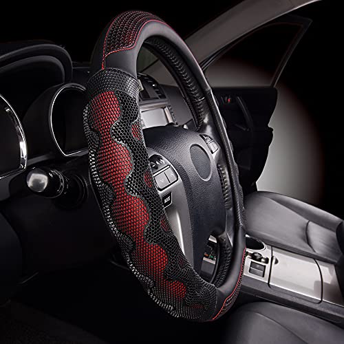 Flying Banner car Steering Wheel Cover Faux Leather Massage Universal fit 3D Honeycomb Hole Anti-Slip Sporty 15 Inches (Red with Black) - color: Red with Black