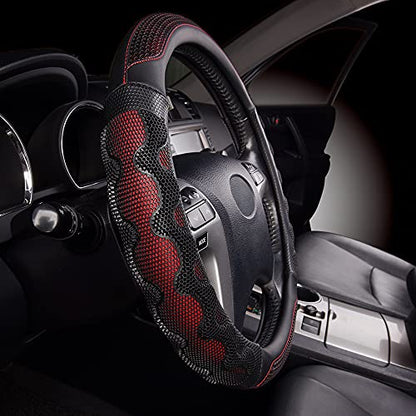 Flying Banner car Steering Wheel Cover Faux Leather Massage Universal fit 3D Honeycomb Hole Anti-Slip Sporty 15 Inches (Red with Black) - color: Red with Black