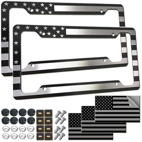 American Flag License Plate Frame - Black Patriotic USA Car Tag Frame Holder 2 Pack in Alum-Plastic Hybrid with Brushed Finish & Screws Caps Decals - color: Black-Aluminum-Slim