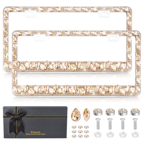 OKLPF Rhinestone Bling License Plate Frames for Women - Sparkle with Glitter Crystals & Diamond Bedazzled License Plate Cover, Fits Standard US Plates, Gift Box (Champagne) - color: Champagne, size: 2pc