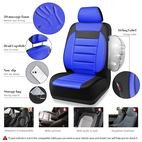 CAR PASS Leather Car Seat Covers Front Seats Only, Universal Fit Automotive Interior Waterproof 3D Foam Back Support Car Seat Covers for Trucks Vans and SUVs Airbag Compatible 2 Pieces Black Blue - color: Blue Black