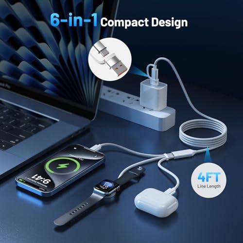 60W Fast Charging Cable for Apple Watch Charger, 6-in-1 Portable Multi Charging Cable for iPhone, Apple Watch Series 1–11/SE/Ultra, Travel Essentials - color: White