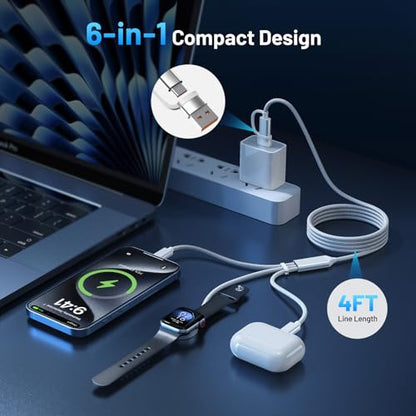 60W Fast Charging Cable for Apple Watch Charger, 6-in-1 Portable Multi Charging Cable for iPhone, Apple Watch Series 1–11/SE/Ultra, Travel Essentials - color: White