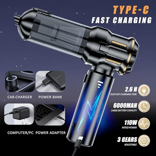Handheld Car Vacuum Cordless, Mini Vacuum Cleaner Rechargeable, 16000Pa Hand Held Vacuum Cleaner Portable, Small Vacuum with Multi-Nozzles, Dust Duster for Car Home Office Pet (Black Gold)