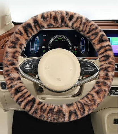 Fluffy Cheetah Car Steering Wheel Cover Luxurious Faux Fur Leopard Print Cute Wheel Protector Universal 15 Inch Fit for Vehicle, Car, Auto, SUV Winter Warm (Ginger) - color: Ginger