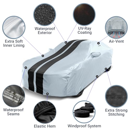 iCarCover Premium Heavy Duty Car Cover - Waterproof All Weather Rain Snow UV Protection, 3-Series, M3, Mustang, Genesis Coupe, G35 G37 Coupe, 3000GT, Size C13 (See Size Chart), Stripe - Gray/Black - color: Sedan & Coupe - Gray/Black, size: C13 for Sedan &