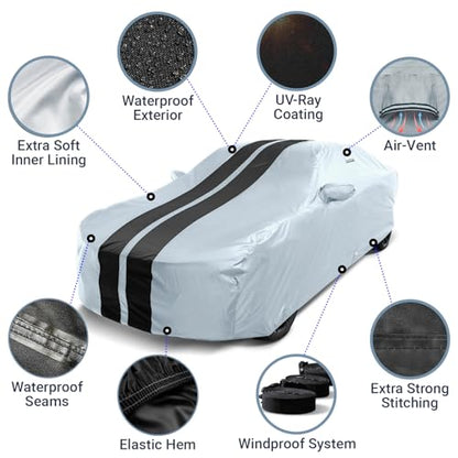 iCarCover Premium Heavy Duty Car Cover - Waterproof All Weather Rain Snow UV Protection, Mustang, Camaro, XK, 4-Series, 4 Series, M4, Supra, Thunderbird, Size C10 (See Size Chart), Stripe - Gray/Black - color: Sedan & Coupe - Gray/Black, size: C10 for Sed