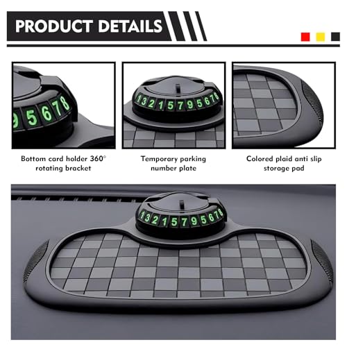 Car Dashboard Mat, Non-Slip Washable Center Console Storage Pad, 9.2" x 7" Rotatable Phone Holder Large Storage Tray Parking Number Sign, Universal Multifunctional Organizer (Black #C) - color: Black #C