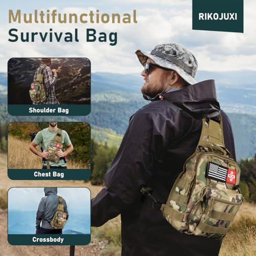 Survival Kit, 262Pcs Survival Gear and Supplies with First Aid Kit Pouch and Crossbody Bag, Emergency Kit with Tent, Camping Axe Hammer, Survival Shovel w/Pick, Bug Out Bag Gifts for Men Women - color: Brown