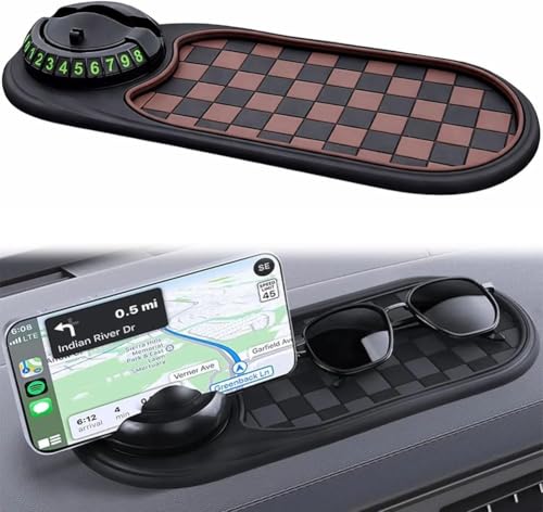 Multifunctional Car Dashboard Anti-Slip Mat with 360° Rotatable Phone Holder & Temporary Parking Number Plate, Anti Slip Dashboard Pad for Car Interior Accessories, (Brown-Black) - color: Brown-Black