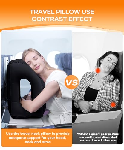 Sunany Travel Pillow, Upgraded Plane Pillow for Long Flights, Inflatable Neck Pillow Used for Airplanes,Cars,Buses,Trains,Office Napping with Eye Mask,Earplugs (Black) - color: Black (Head Heart-shape&sloping Base)