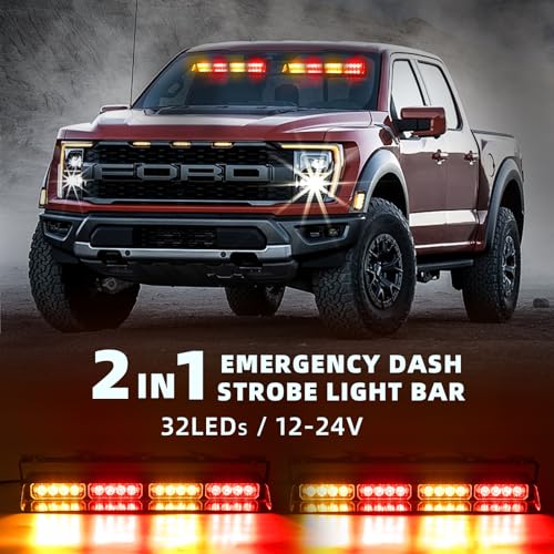 2 in 1 LED Emergency Dash Strobe Light Bar Front/Rear Windshield Safety Flashing Warning Hazard Interior Lights for Police Firefighter Construction Vehicles Trucks (2x14 inch, Amber/Red) - color: #11 Amber/Red