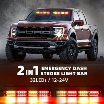 2 in 1 LED Emergency Dash Strobe Light Bar Front/Rear Windshield Safety Flashing Warning Hazard Interior Lights for Police Firefighter Construction Vehicles Trucks (2x14 inch, Amber/Red) - color: #11 Amber/Red