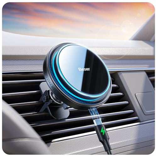 Beser 15W for MagSafe Car Mount Charger, (3.81 lbf) Magnetic Qi Wireless Car Charger, Vent/Dashboard, Phone Holder Mount for iPhone 16/15/14/13/12 Series, Fast Charging, Aluminium, Black