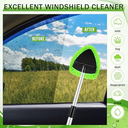 FoldTier 8 Pcs Car Windshield Cleaner Kits with Extendable Handle, 5 Microfiber Towel Pads, 1 Brush, 1 Empty Spray Bottle for Auto Glass Wiper Suvs Rvs & Home Windows (Green) - color: Green